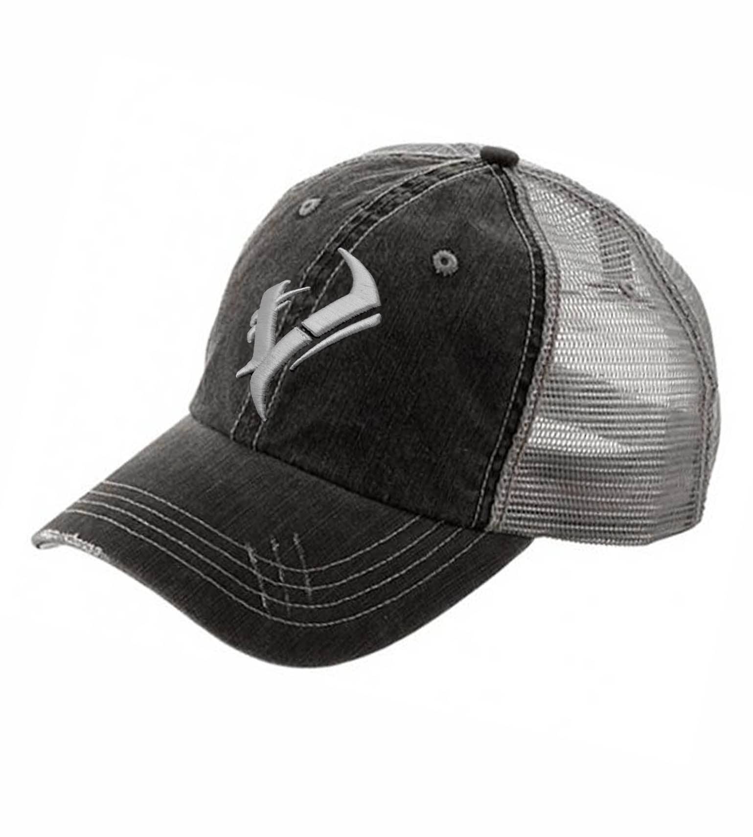 Black distressed trucker hat with silver deer antler logo, mesh back, outdoor hunting gear