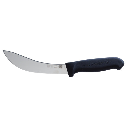Curved hunting knife with black ergonomic handle and stainless steel blade for outdoor use