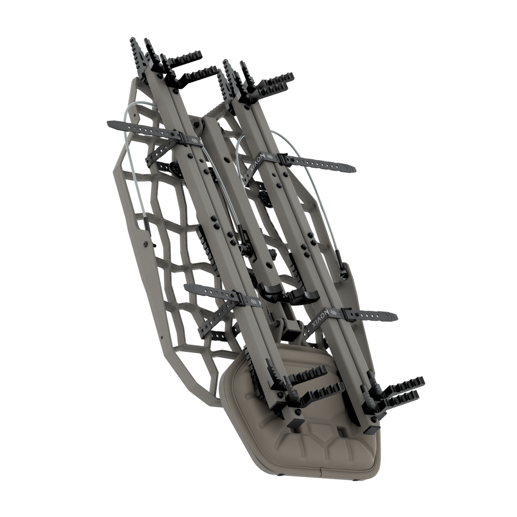 Xionix hunting treestand with padded seat, adjustable straps, and camouflage gray frame for outdoor archery use