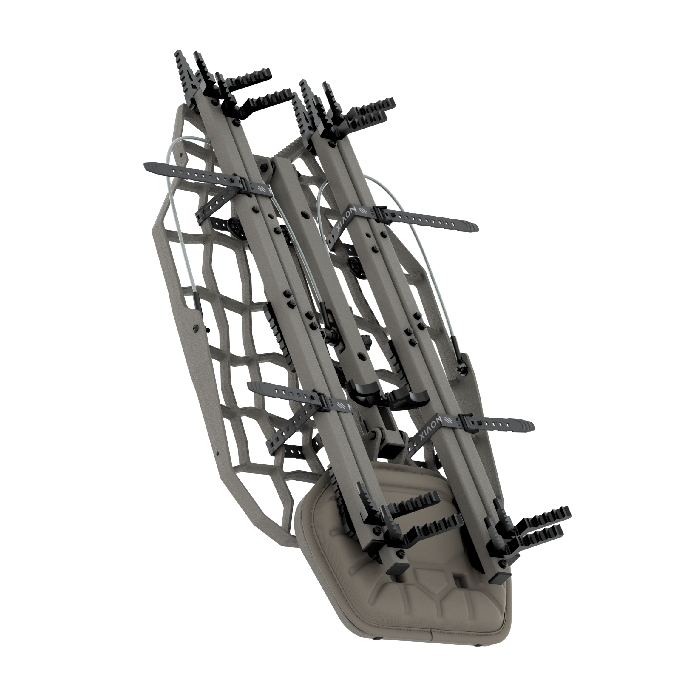 Xionix hunting treestand with padded seat, adjustable straps, and camouflage gray frame for outdoor archery use