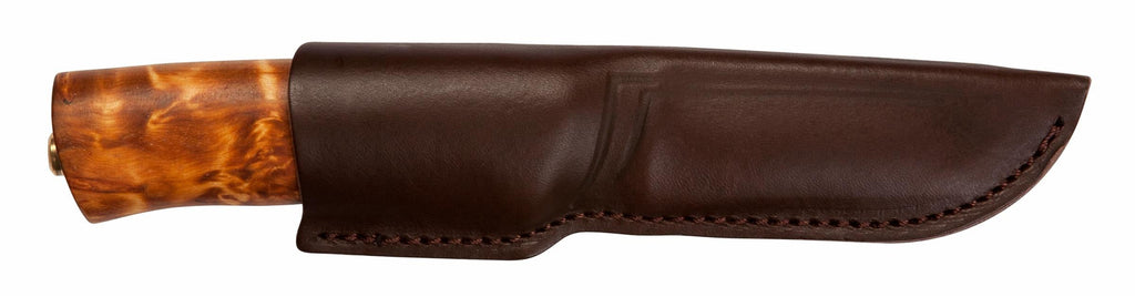 Hunting knife with burl wood handle and brown leather sheath for outdoor survival gear