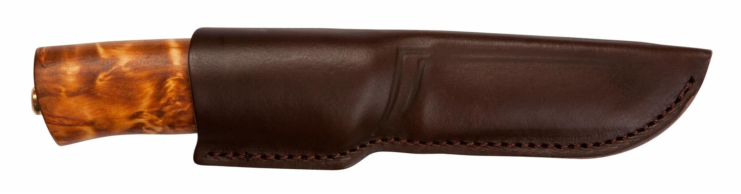 Hunting knife with burl wood handle and brown leather sheath for outdoor survival gear