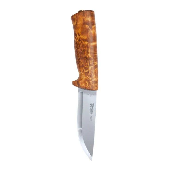 Helle hunting knife with curly birch wood handle and stainless steel blade, ideal for outdoor survival and field use