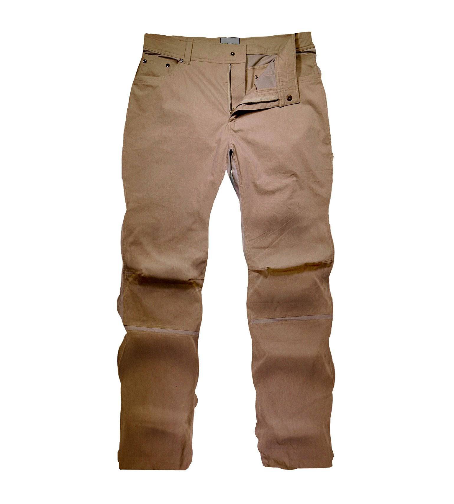 Tan hunting pants with reinforced knees and zippered pockets for outdoor use
