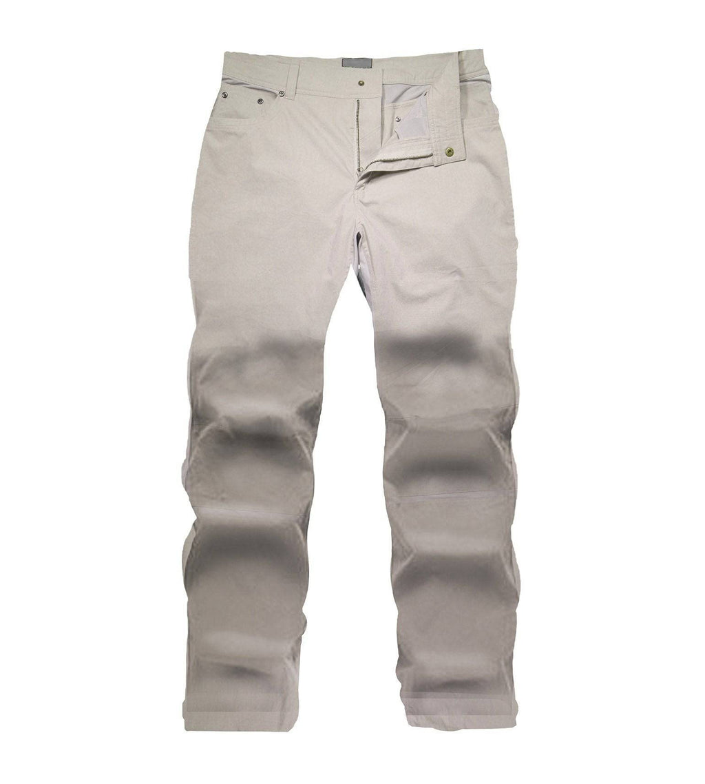 Tan hunting pants with zip fly, belt loops, and reinforced knees for outdoor use
