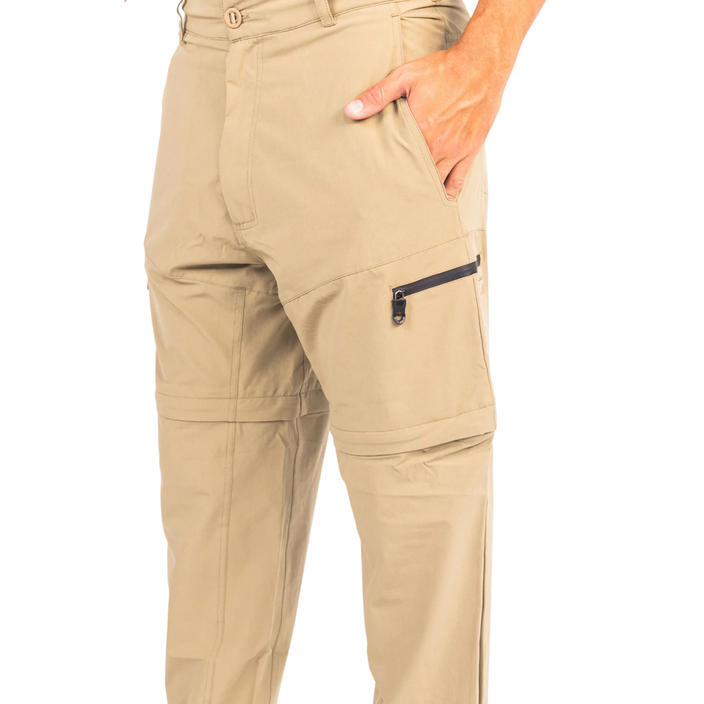 Tan convertible hunting pants with zippered cargo pockets and adjustable legs for outdoor adventures