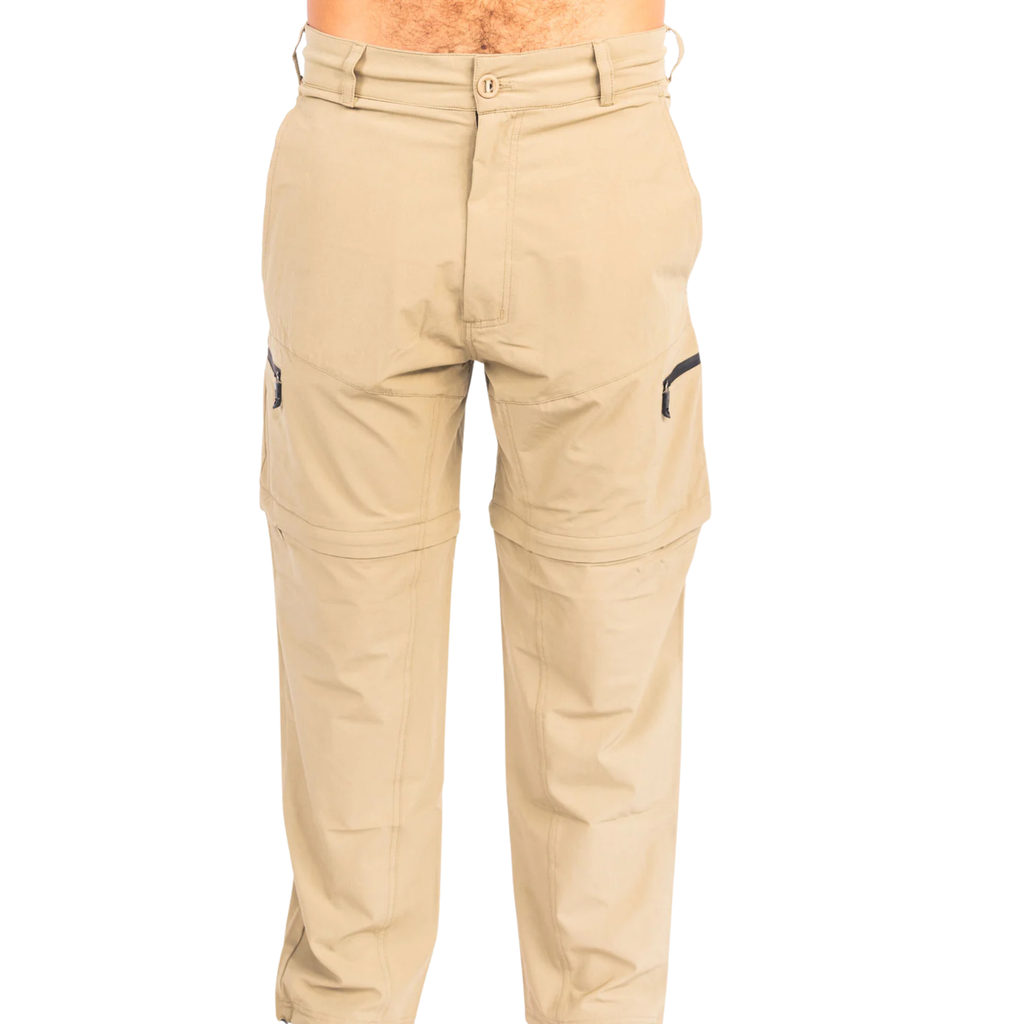 Tan convertible hiking pants with zippered cargo pockets, ideal for hunting and outdoor adventures.
