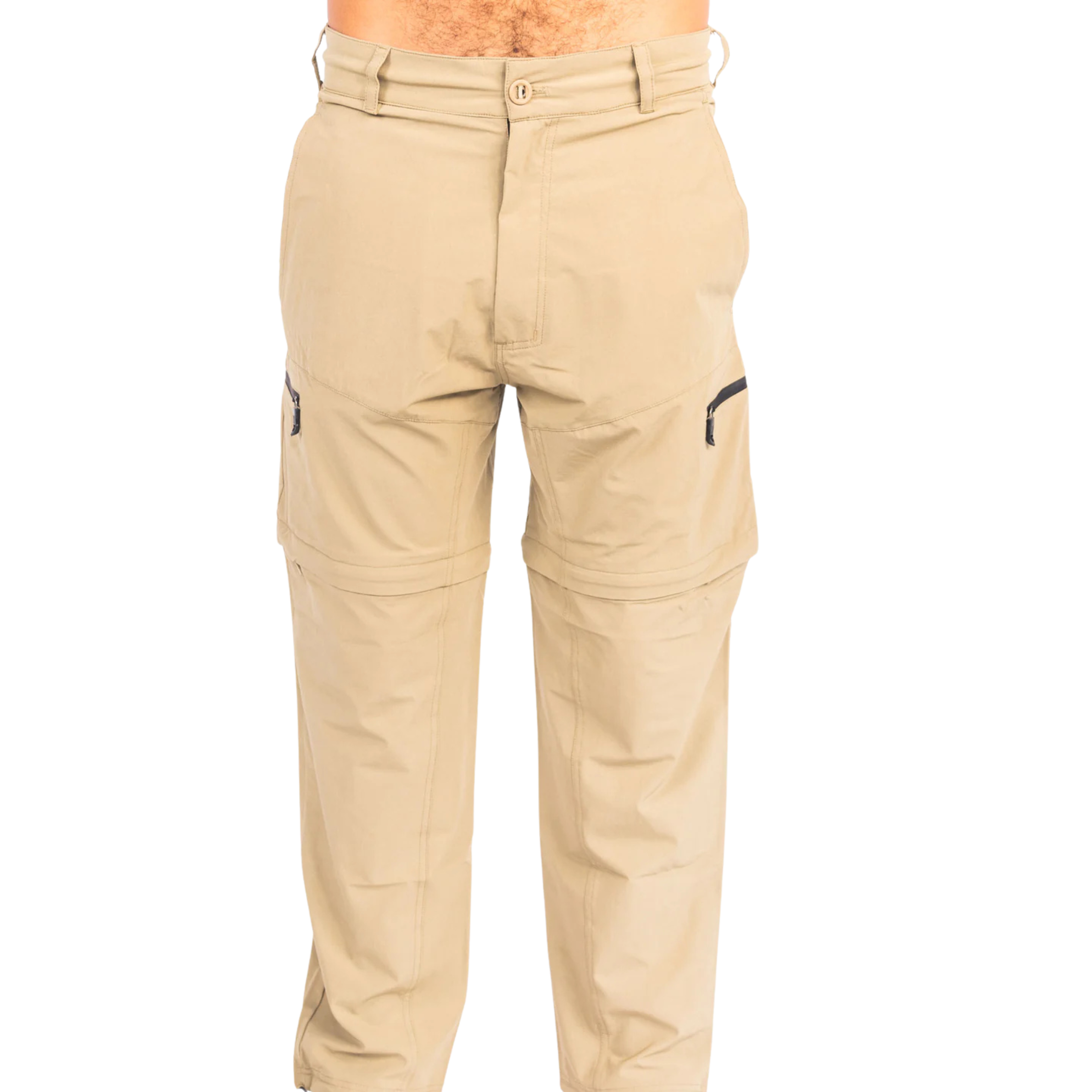 Tan convertible hiking pants with zippered cargo pockets, ideal for hunting and outdoor adventures.