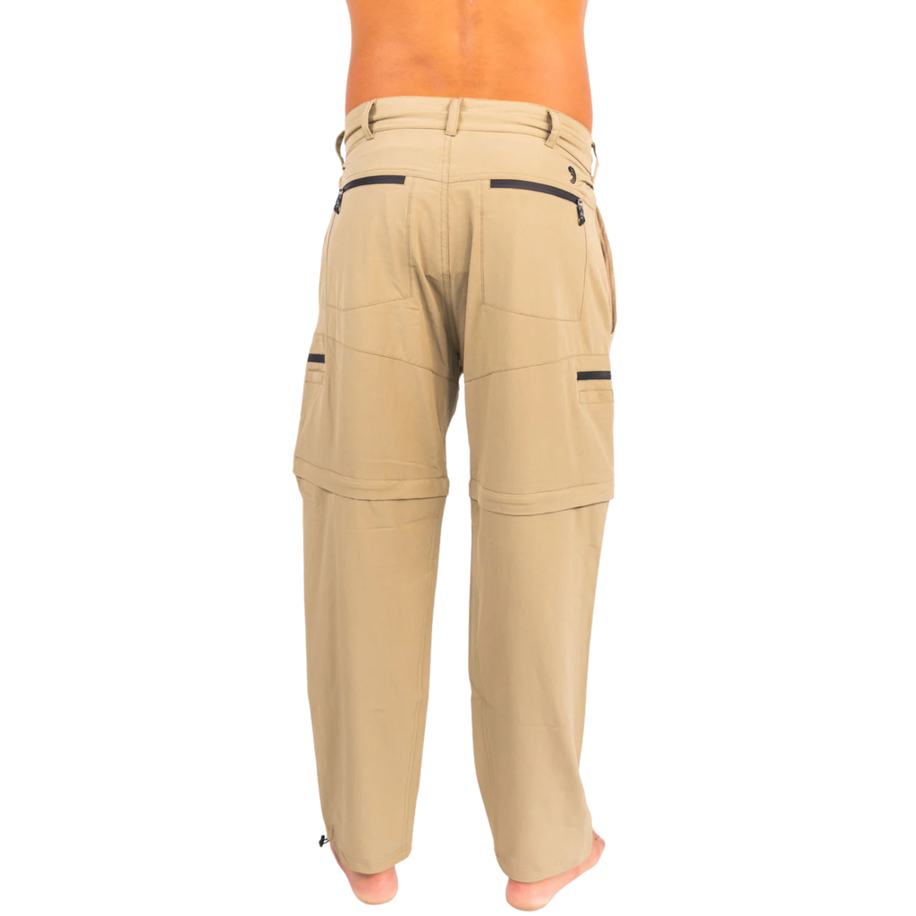Tan convertible hunting pants with zippered pockets and adjustable legs for outdoor adventures