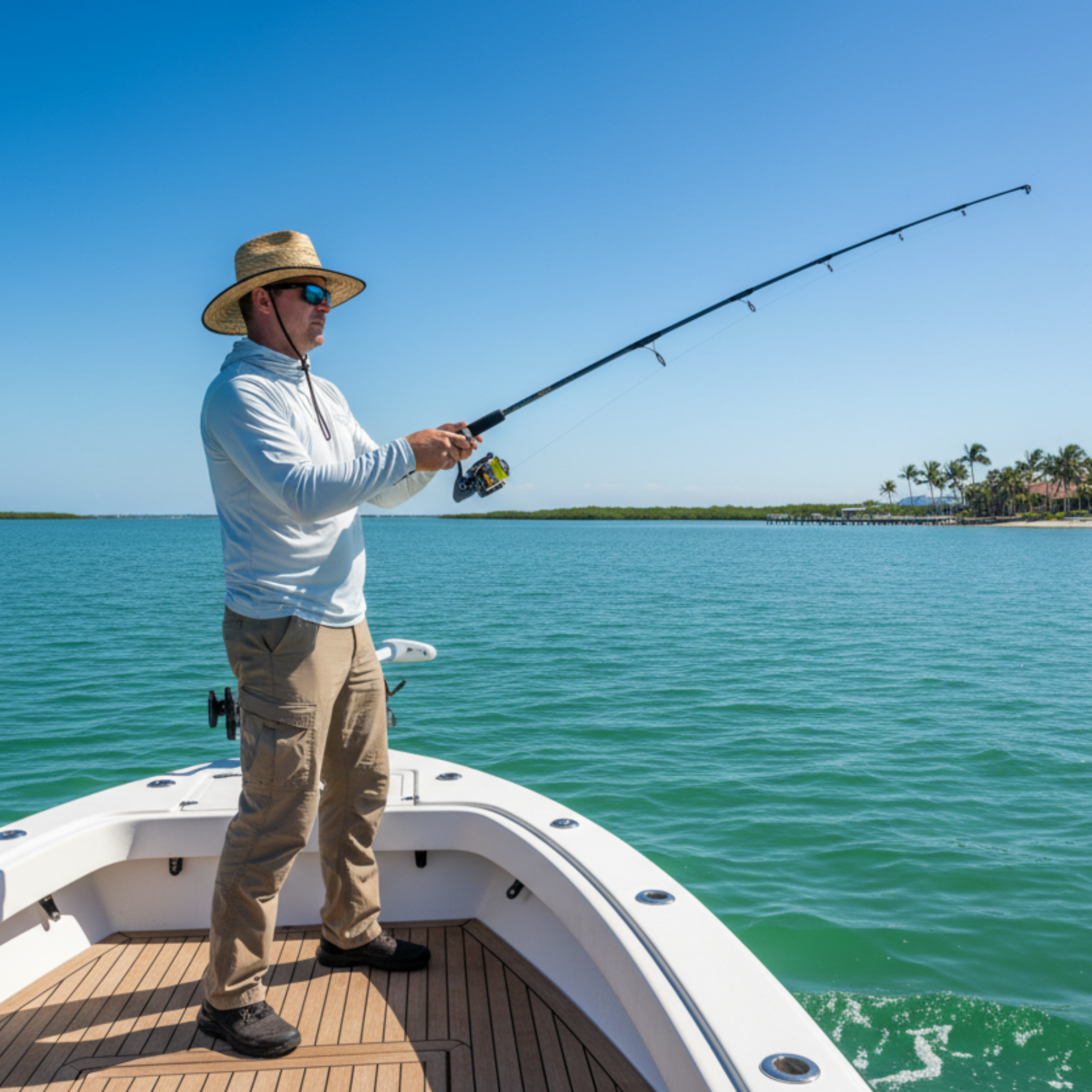 Man fishing from boat wearing sun hat, sunglasses, light long-sleeve shirt, and cargo pants on sunny day