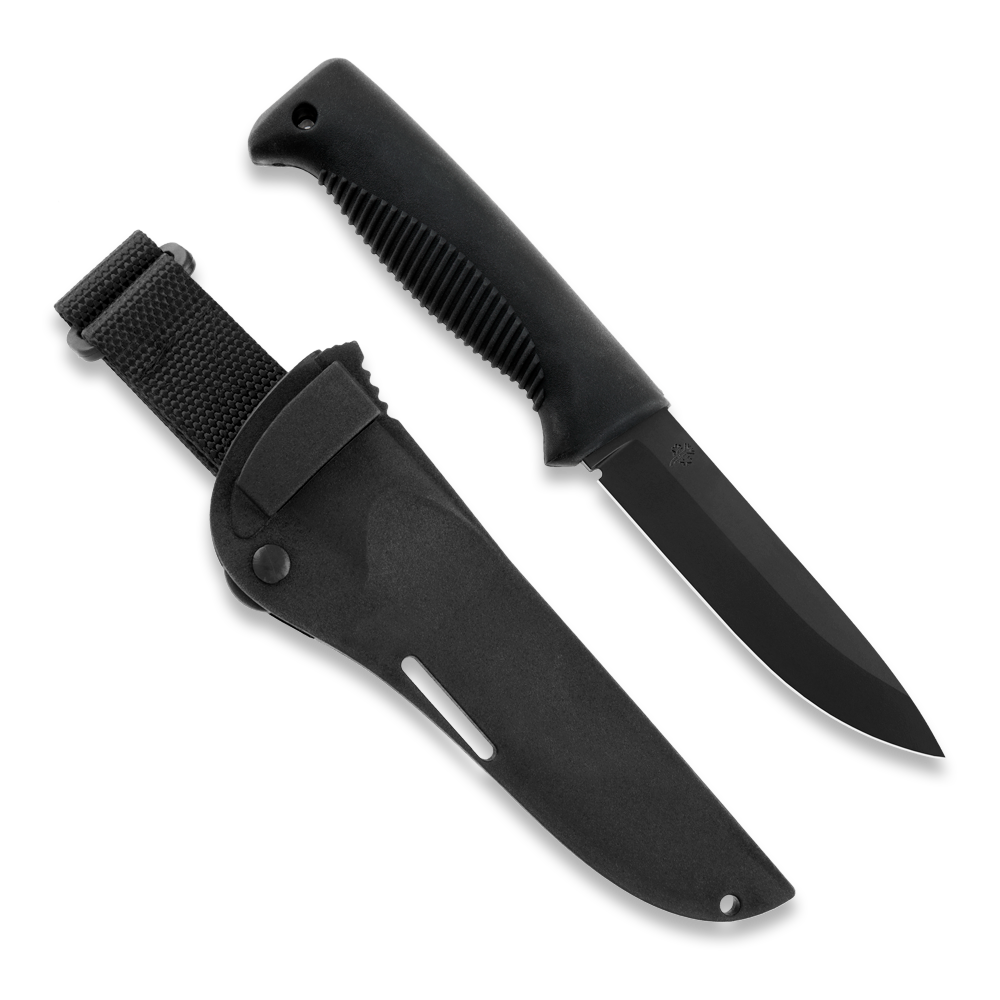 Black tactical hunting knife with textured grip and sheath for outdoor survival gear