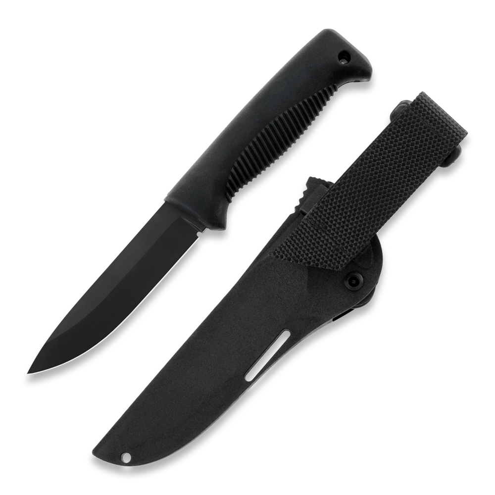 Black tactical hunting knife with textured grip and sheath for outdoor survival gear