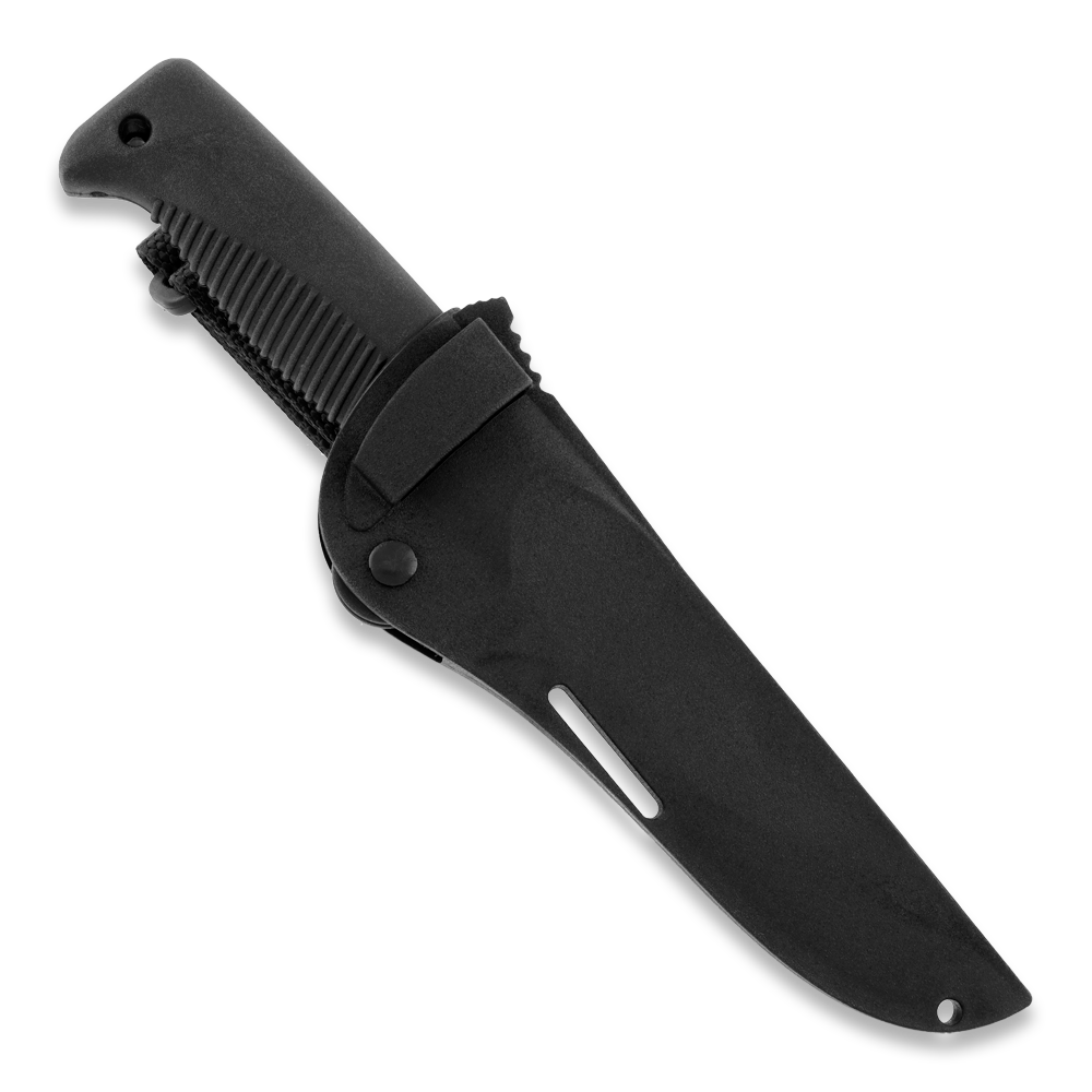 Black tactical hunting knife with textured grip and sheath, ideal for outdoor survival and field use