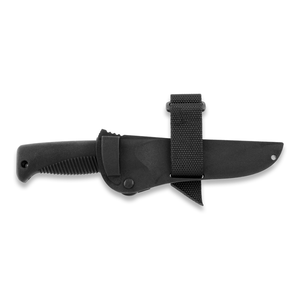 Black tactical hunting knife with textured grip and sheath, ideal for outdoor survival and field use.