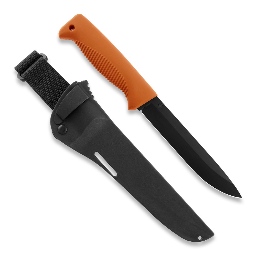 Orange-handled hunting knife with black blade and sheath, outdoor survival gear