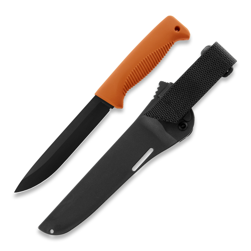 Orange-handled hunting knife with black blade and sheath, ideal for outdoor survival and camping gear