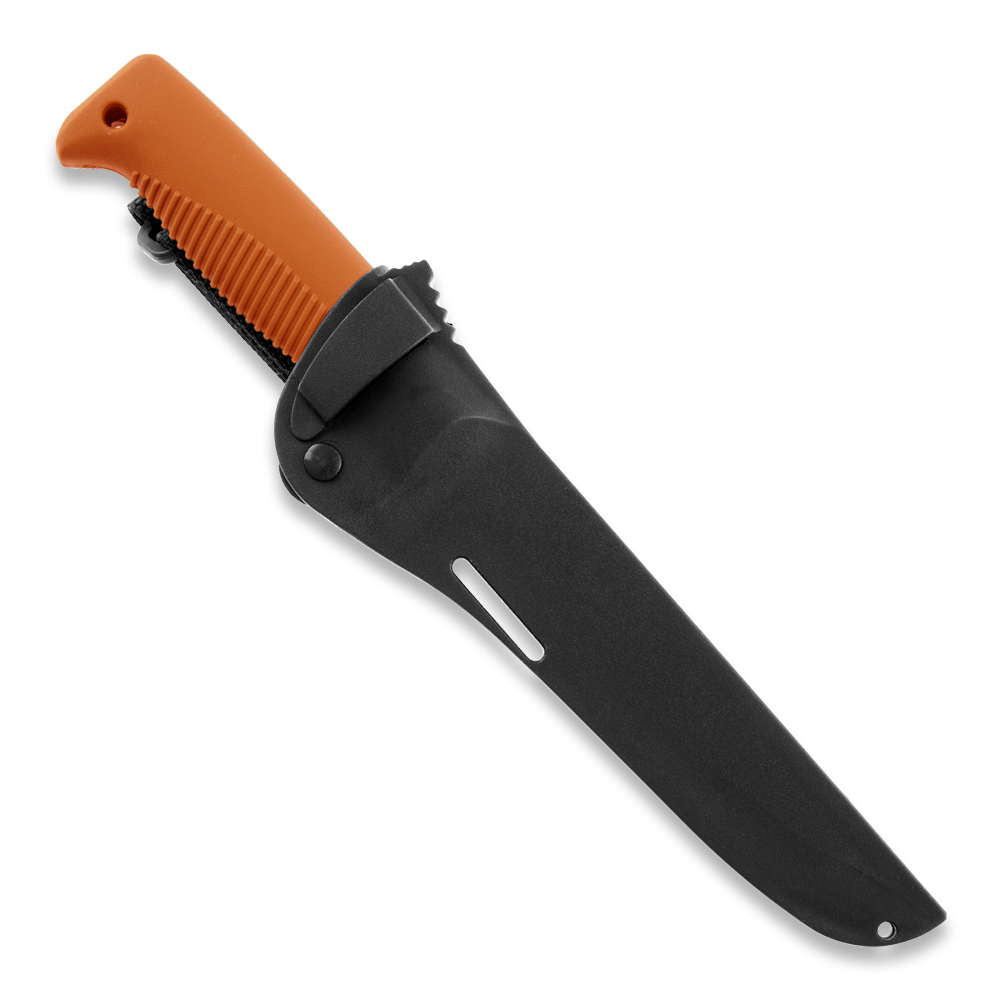 Orange-handled hunting knife with black sheath, rugged grip for outdoor survival and field use