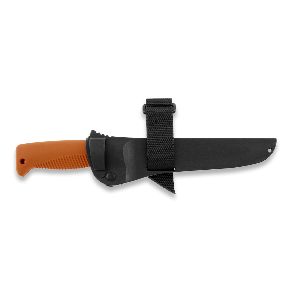 Orange-handled hunting knife with black sheath and strap, ideal for outdoor survival and field use