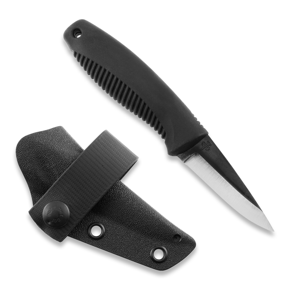 Black tactical hunting knife with textured grip and sheath, ideal for outdoor survival and field use