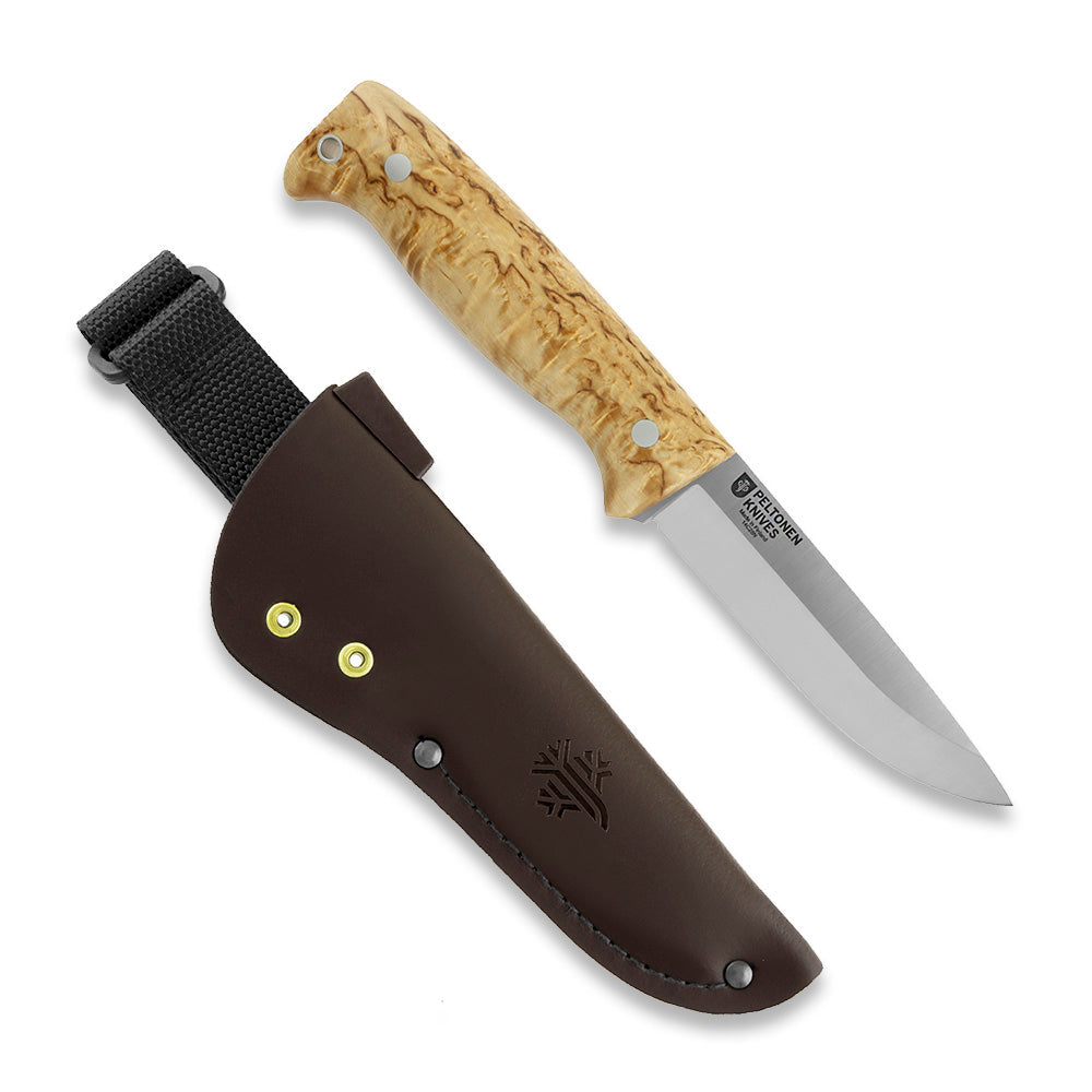 Peltonen hunting knife with curly birch handle and brown leather sheath for outdoor use