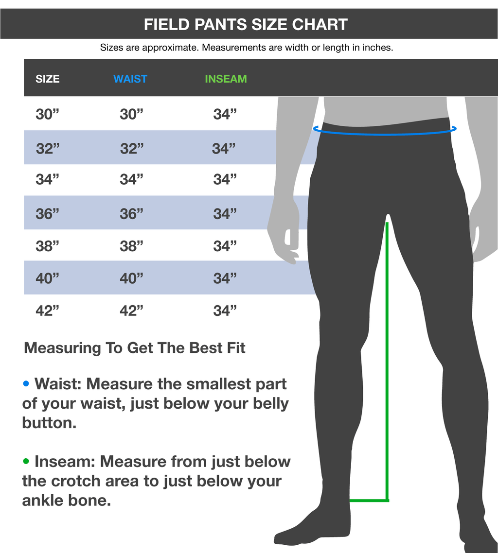 Field pants size chart with waist and inseam measurements for hunting apparel
