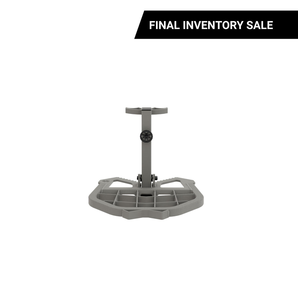 Gray hunting stand base with adjustable height and stable platform for outdoor use