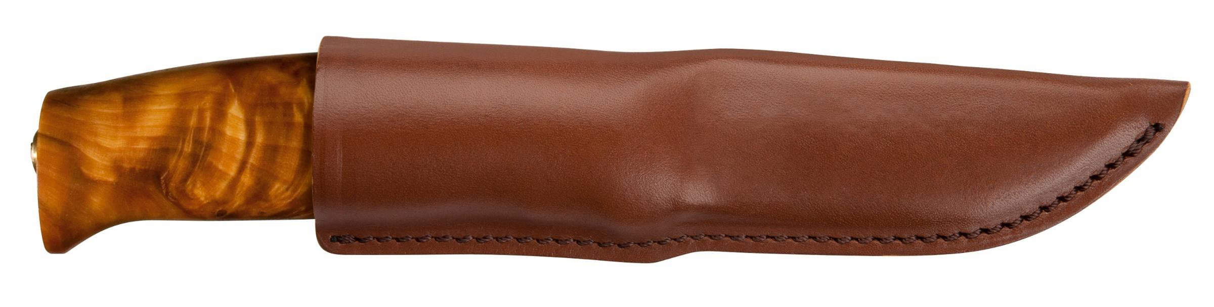 Hunting knife with olive wood handle and brown leather sheath, outdoor gear for survival and camping