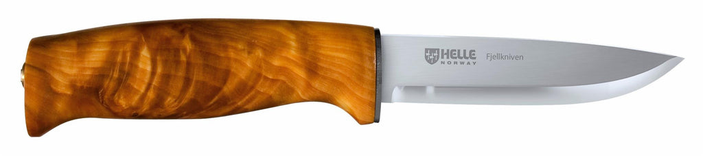 Helle Fjellkniven hunting knife with curly birch wood handle and stainless steel blade