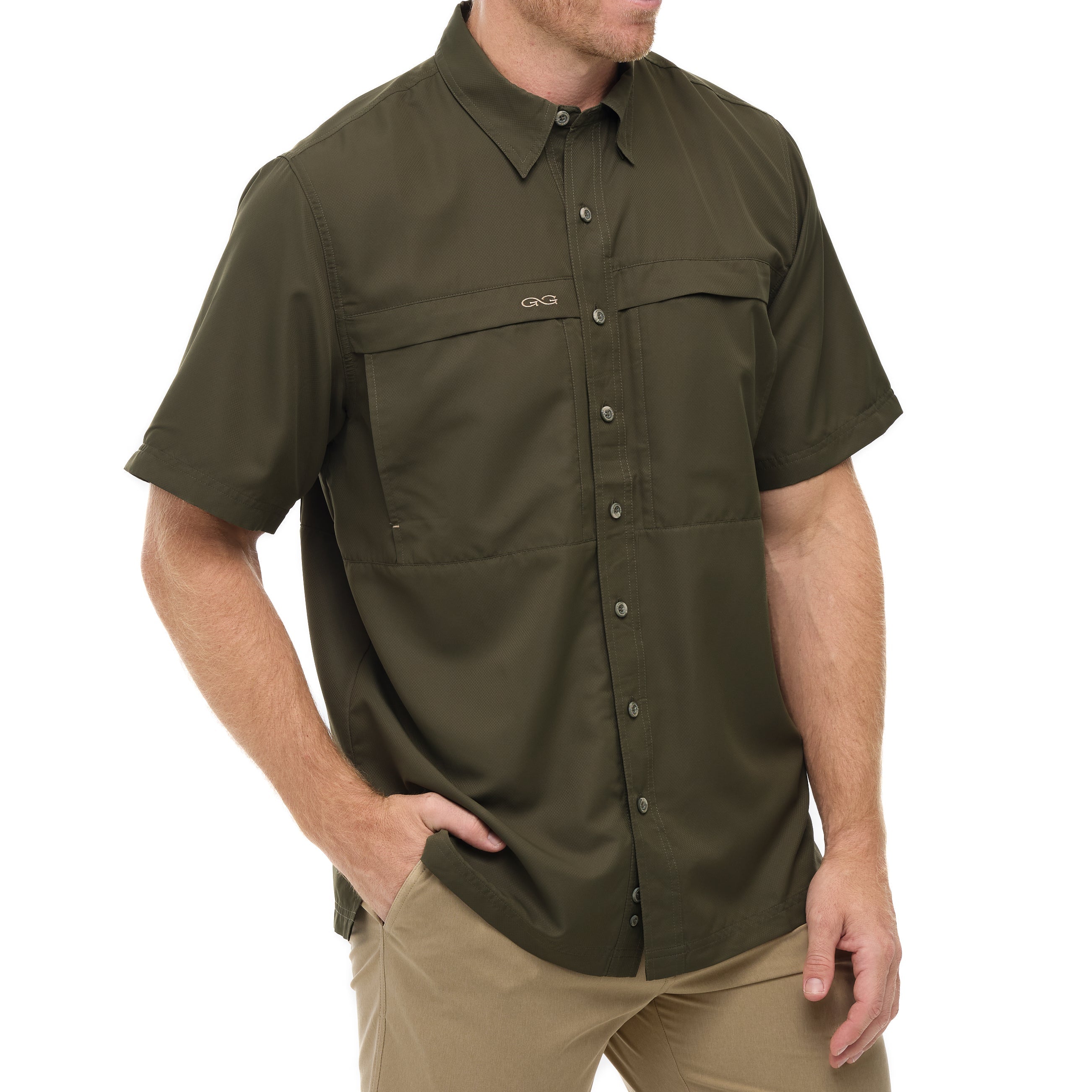 Olive green short sleeve button-up hunting shirt with chest pockets, ideal for outdoor adventures and field use.