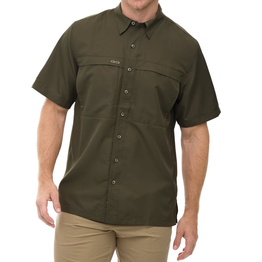 Olive green short sleeve button-up hunting shirt with chest pockets and GG logo