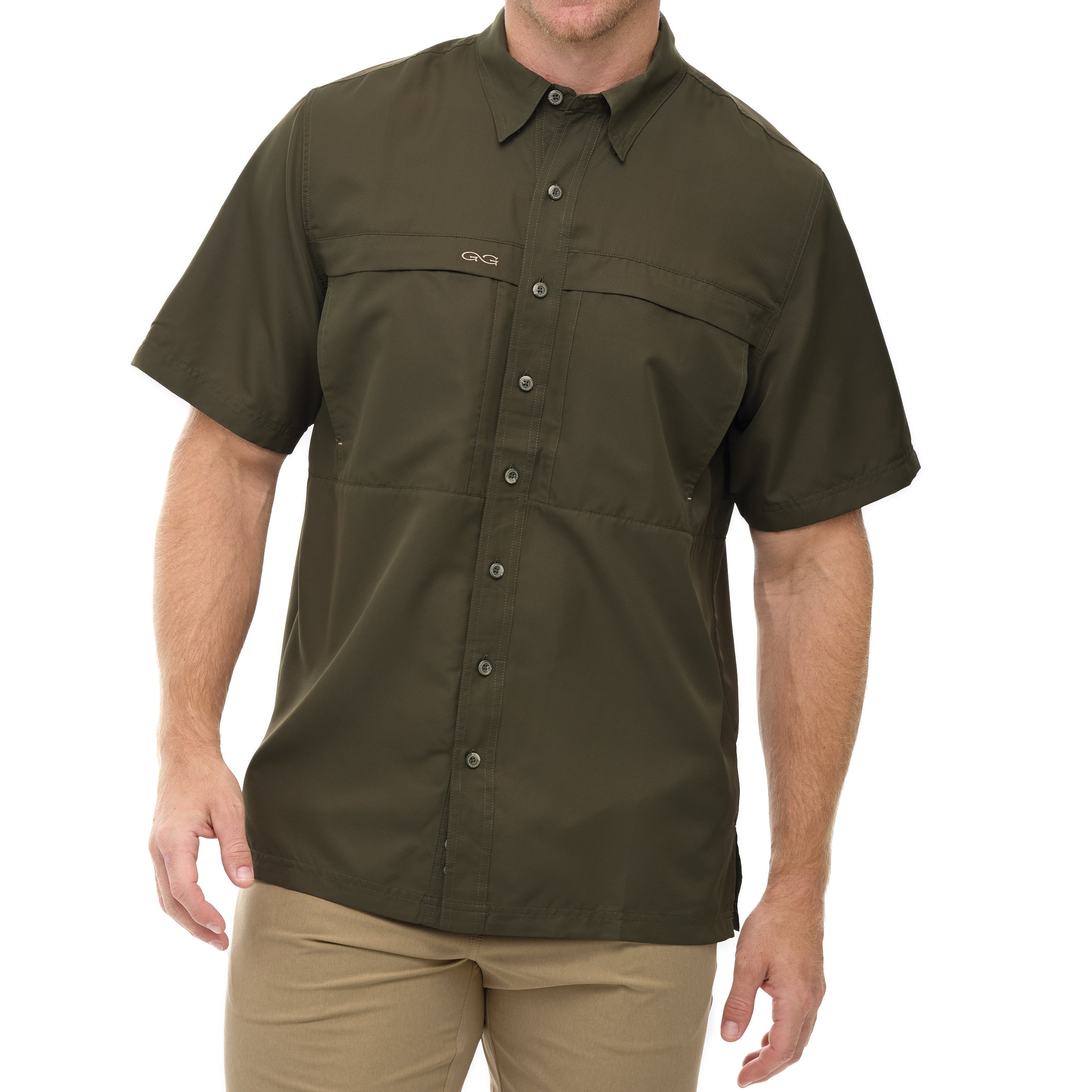 Olive green short sleeve button-up hunting shirt with chest pockets and GG logo