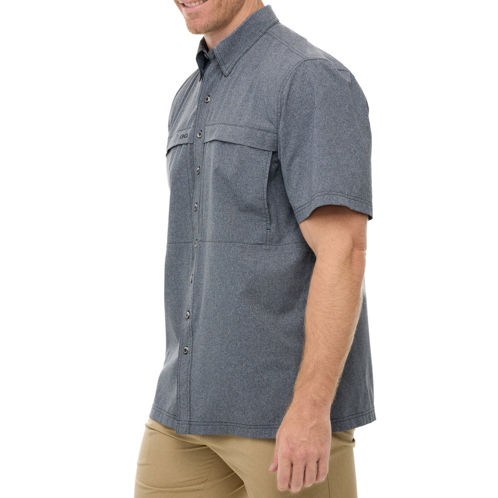 Men's gray short-sleeve button-up hunting shirt with chest pockets, ideal for outdoor adventures and field use.