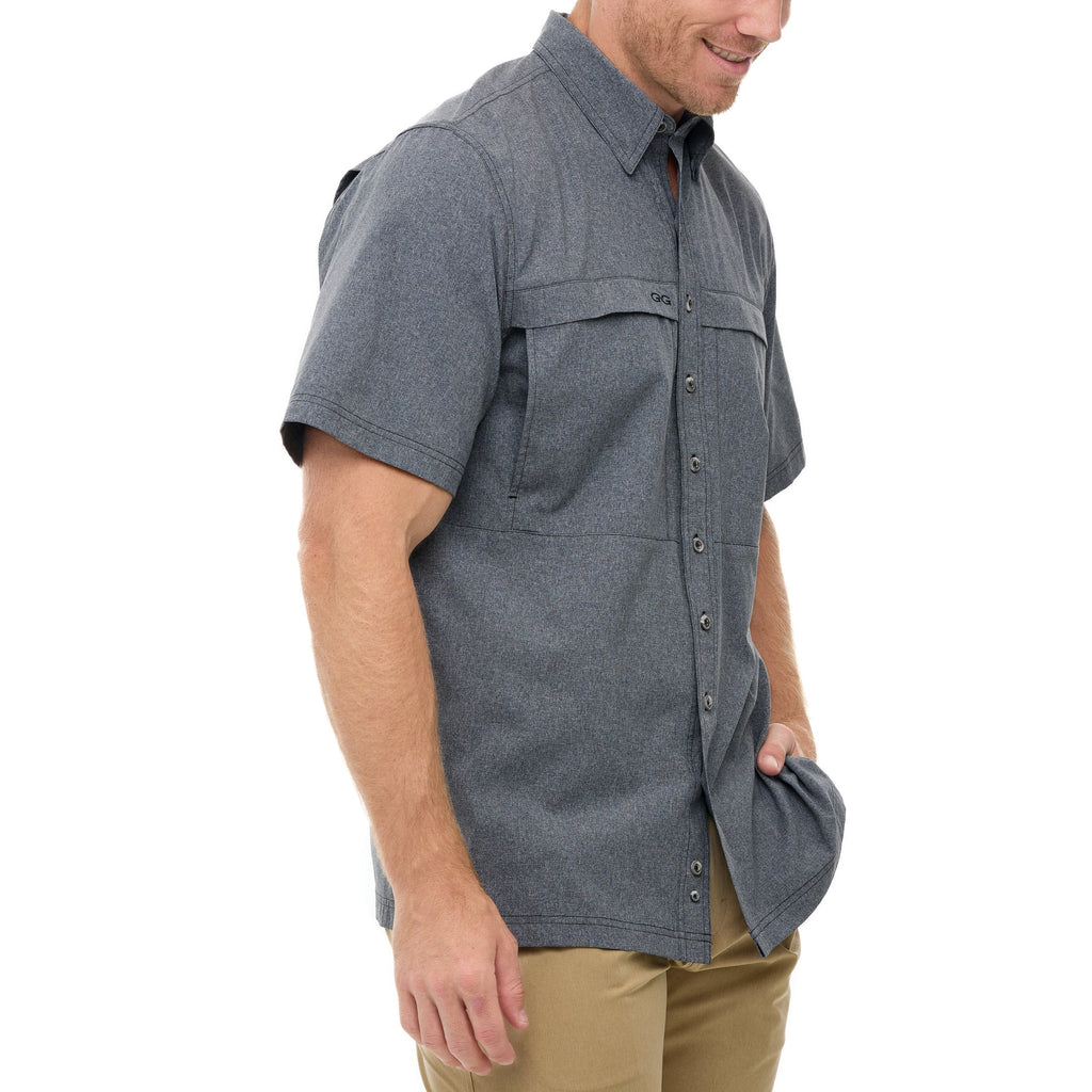 Gray short-sleeve button-up hunting shirt with chest pockets, ideal for outdoor adventures and field use