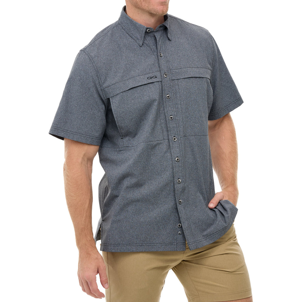 Men's gray short sleeve button-up hunting shirt with chest pockets and GG logo, ideal for outdoor adventures
