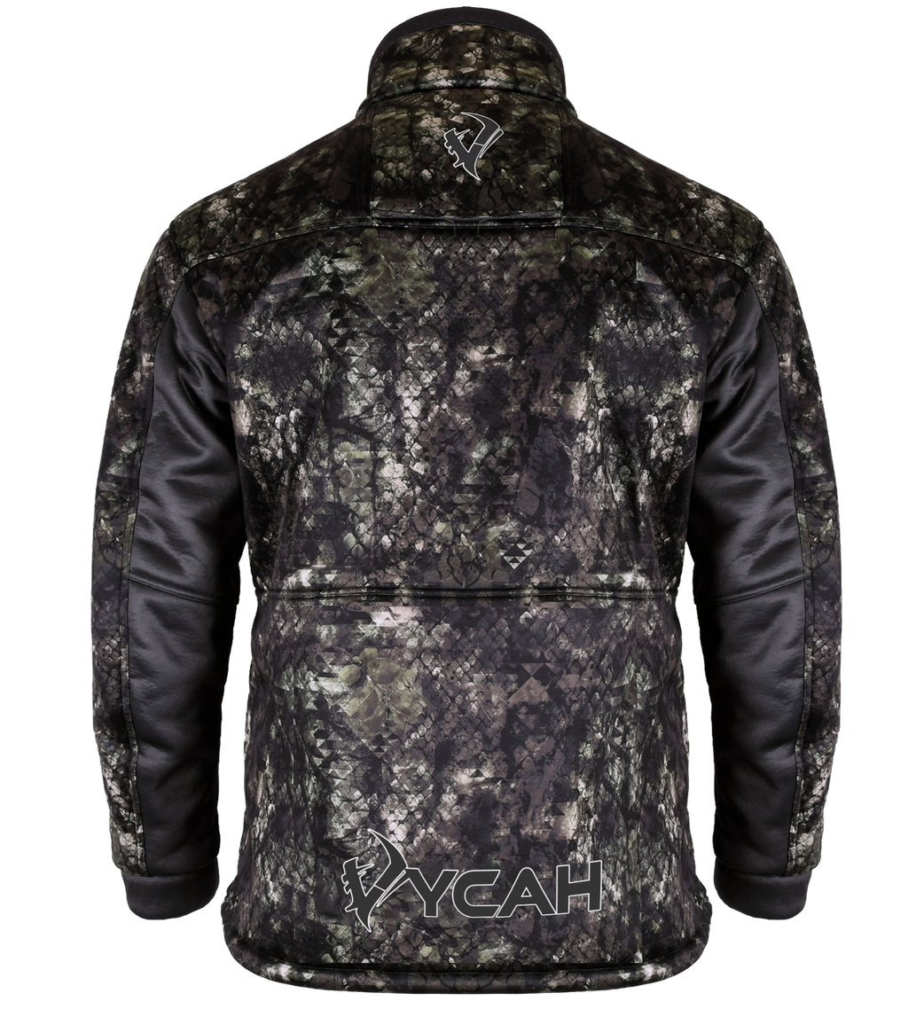 Vycah Kinsley Jacket in Deep Woods camo, back view with Vycah logo at the lower back