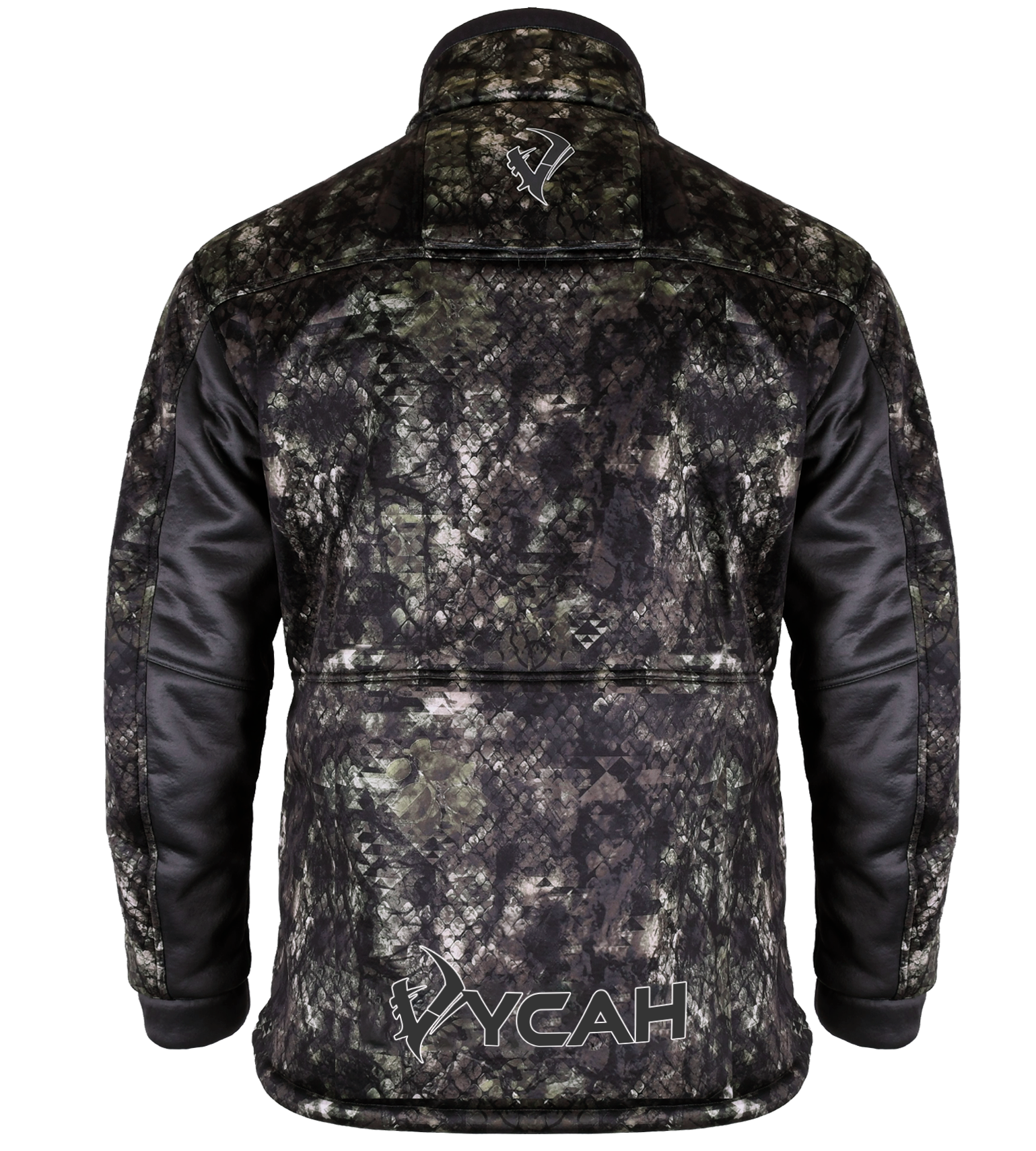 Vycah Kinsley Jacket in Deep Woods camo, back view with Vycah logo at the lower back