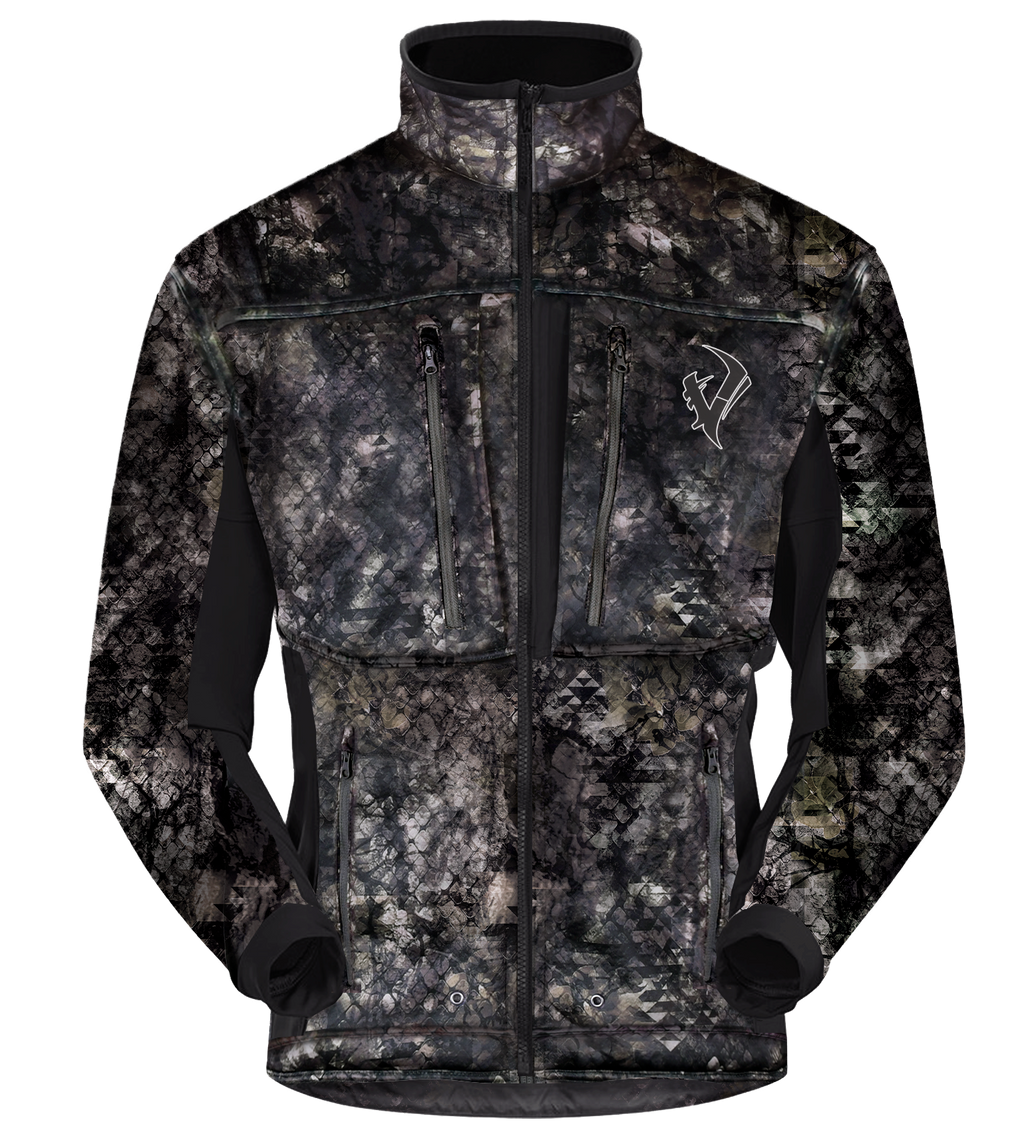 Vycah Kinsley Jacket in Deep Woods camo, front view with four zippered chest pockets and black sleeve panels