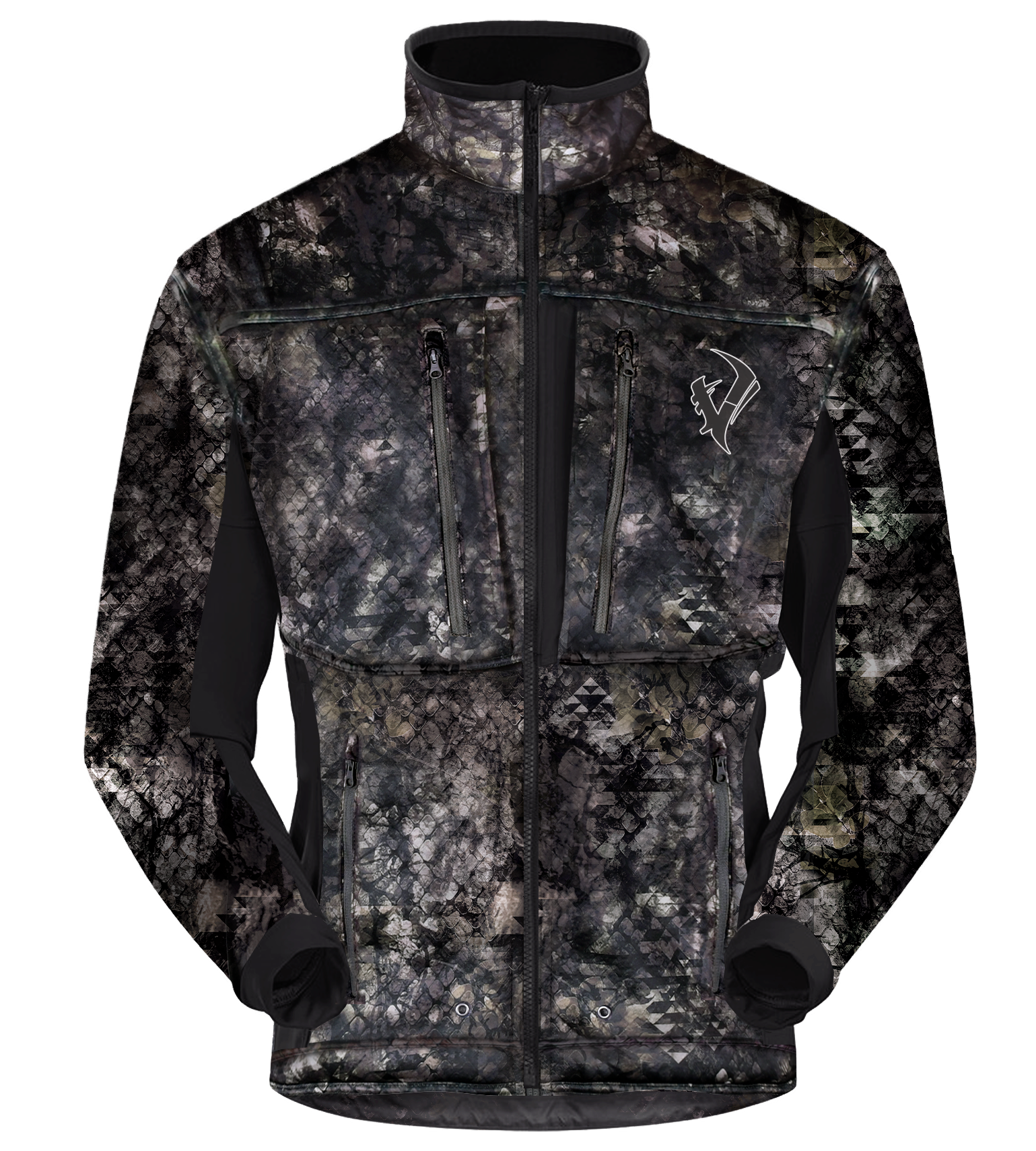Vycah Kinsley Jacket in Deep Woods camo, front view with four zippered chest pockets and black sleeve panels