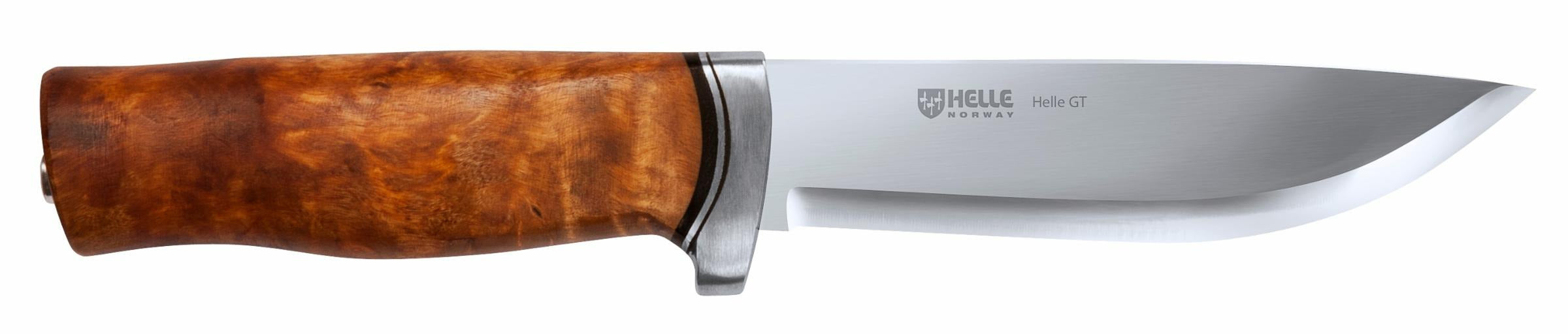 Helle GT hunting knife with curly birch handle and stainless steel blade, ideal for outdoor survival and camping