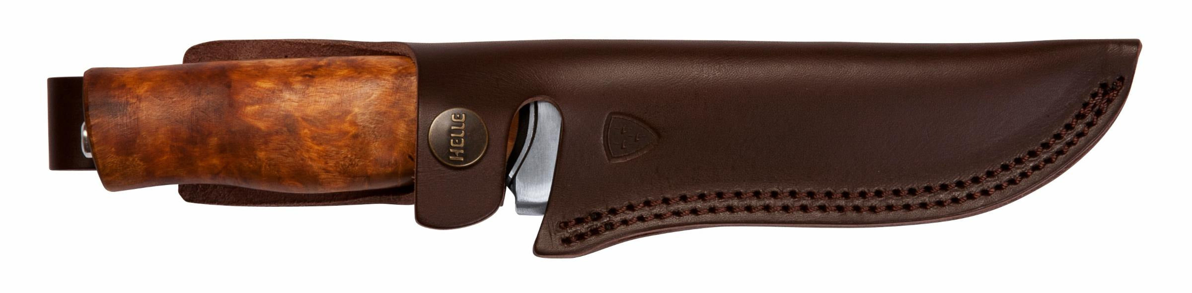 Helle hunting knife with wooden handle in brown leather sheath, outdoor gear for camping and survival
