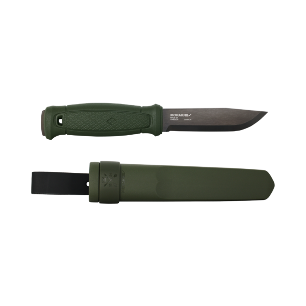 Mora knife with olive green handle and sheath, ideal for hunting and outdoor use