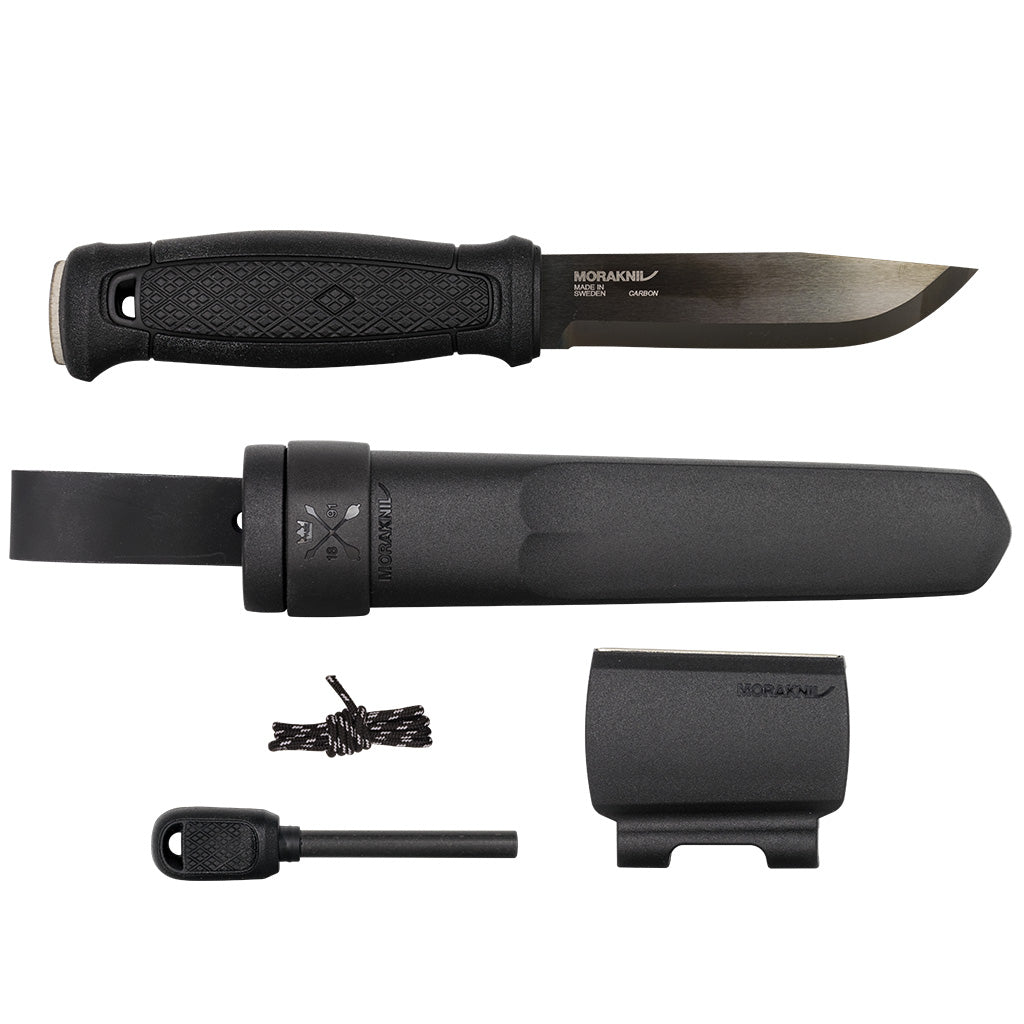 Moraknil carbon steel hunting knife with black grip, sheath, sharpener, and paracord for outdoor survival gear
