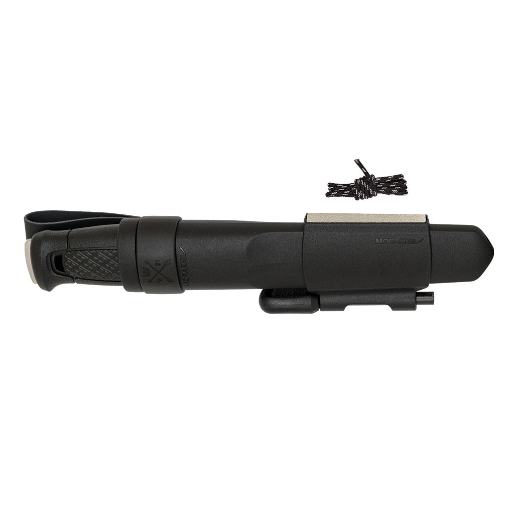 Mora Knives black fixed blade survival knife with sheath, fire starter, and paracord for outdoor hunting gear