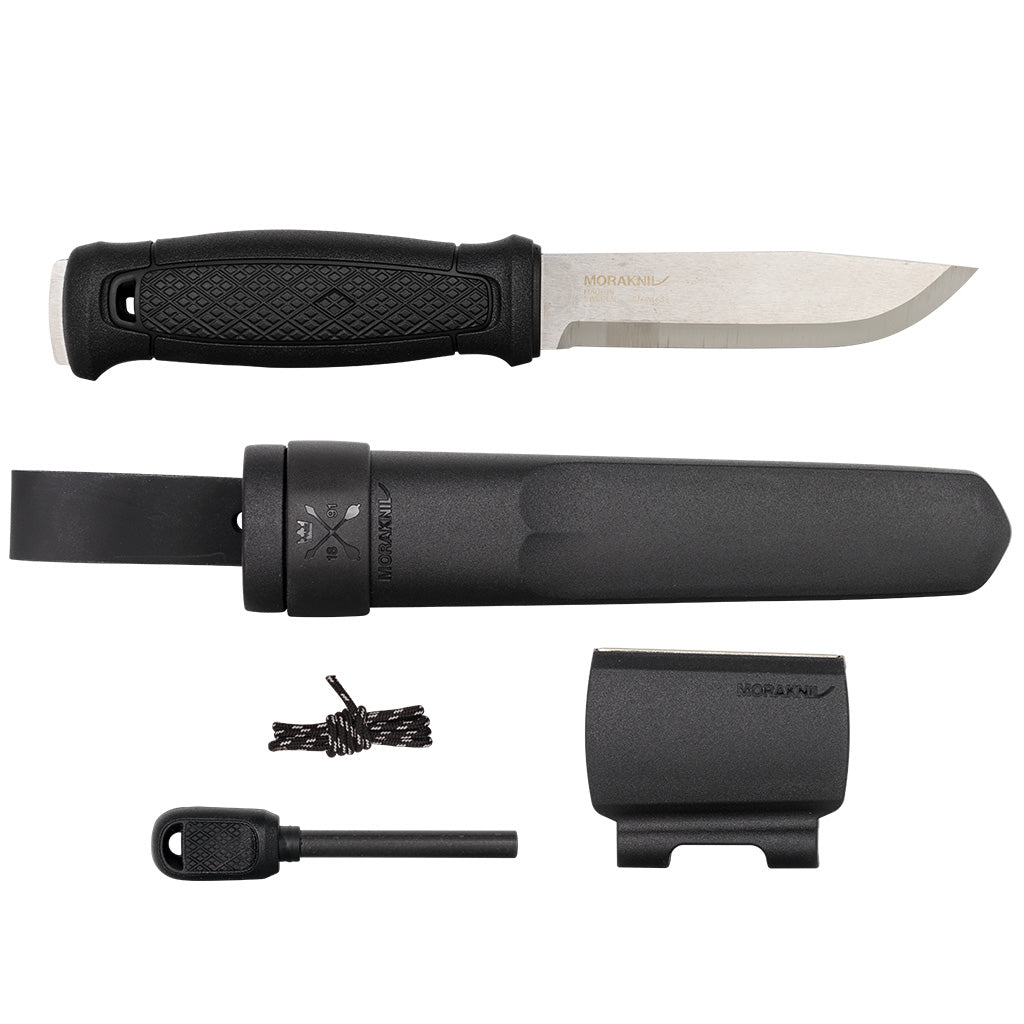 Moraknil fixed blade hunting knife with black textured grip, sheath, fire starter, and paracord