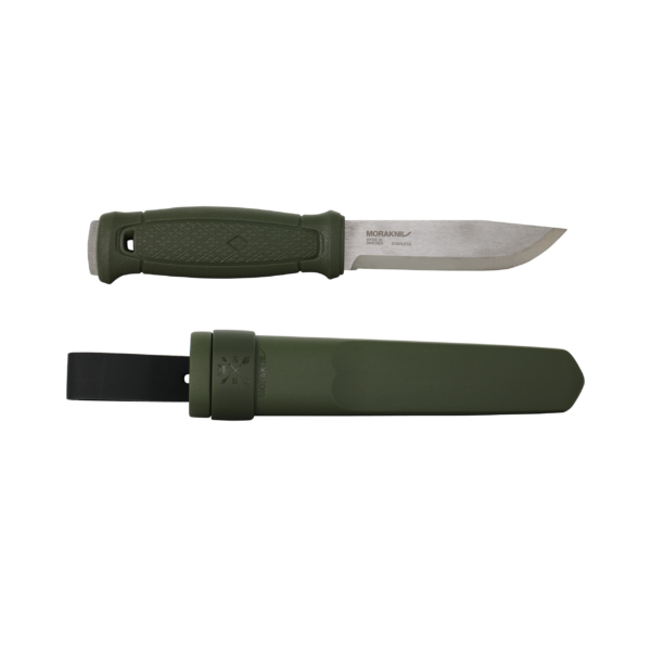 Mora knife with olive green handle and sheath, stainless steel blade for hunting and outdoor use