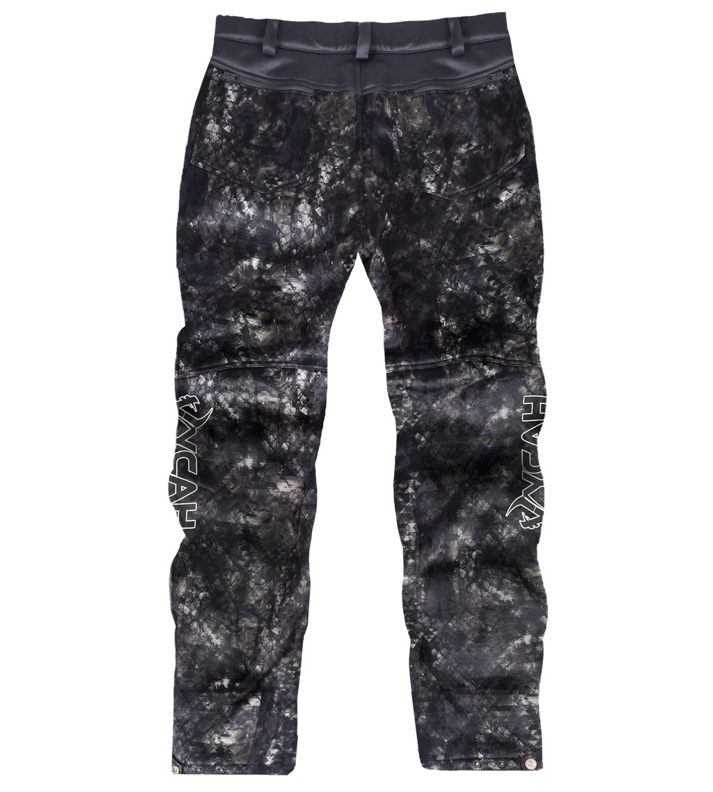 Black camo hunting pants with reinforced knees and side logos, ideal for outdoor stealth and durability.