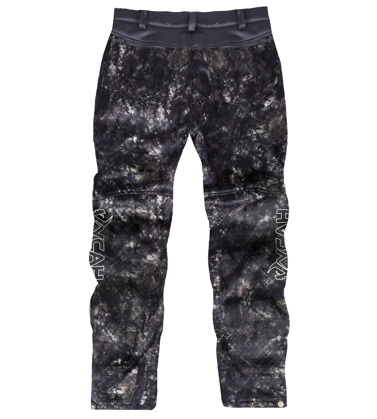 Black camo hunting pants with reinforced knees and side logos, ideal for outdoor stealth and durability.