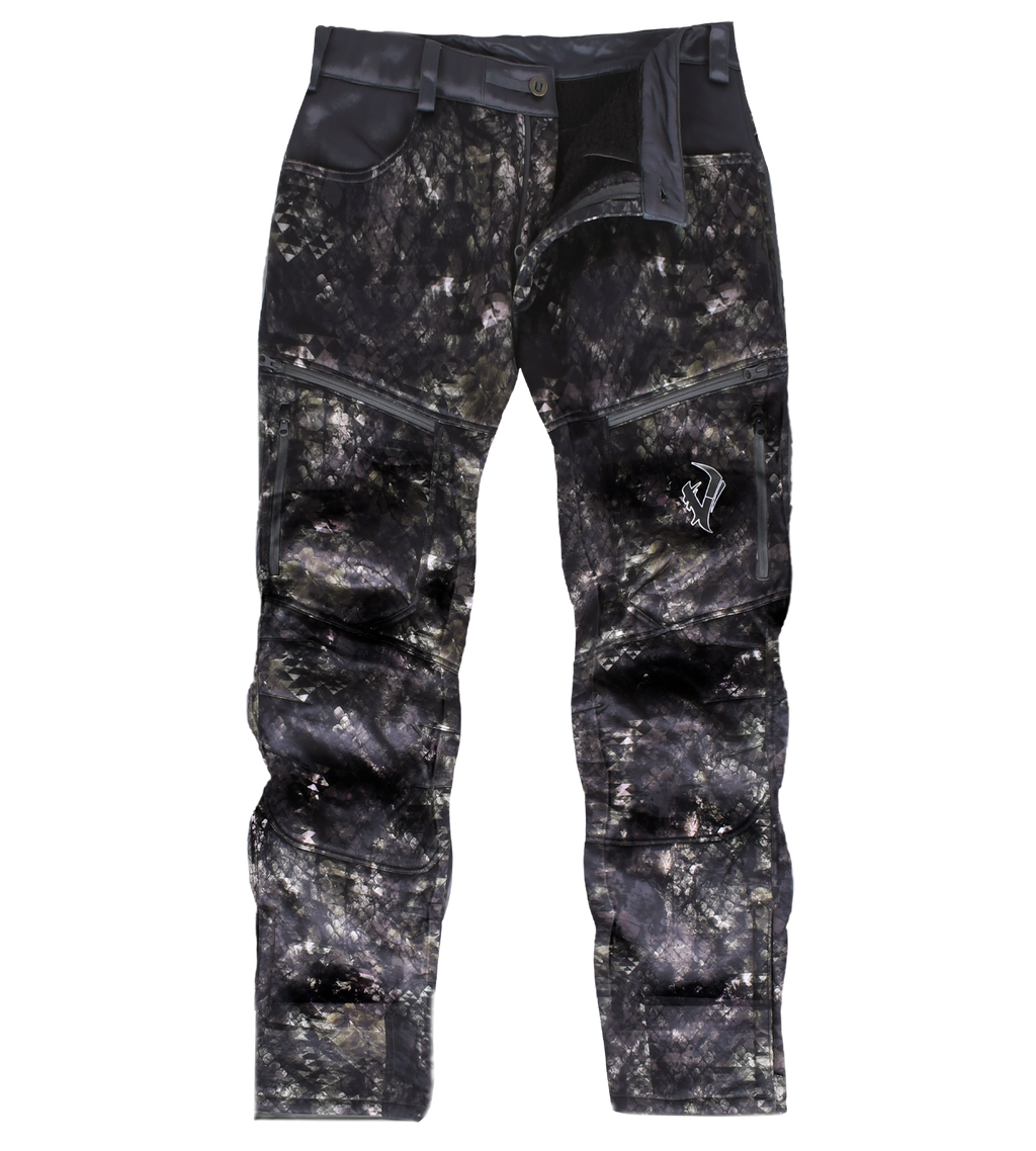 Black digital camo hunting pants with zippered pockets and reinforced knees for outdoor use