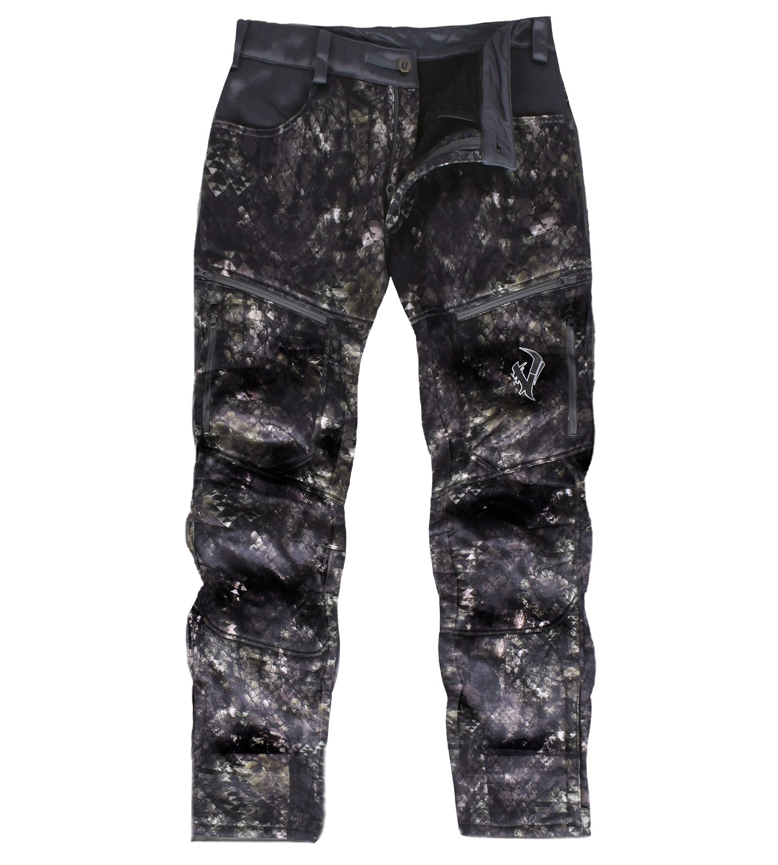 Black digital camo hunting pants with zippered pockets and reinforced knees for outdoor use