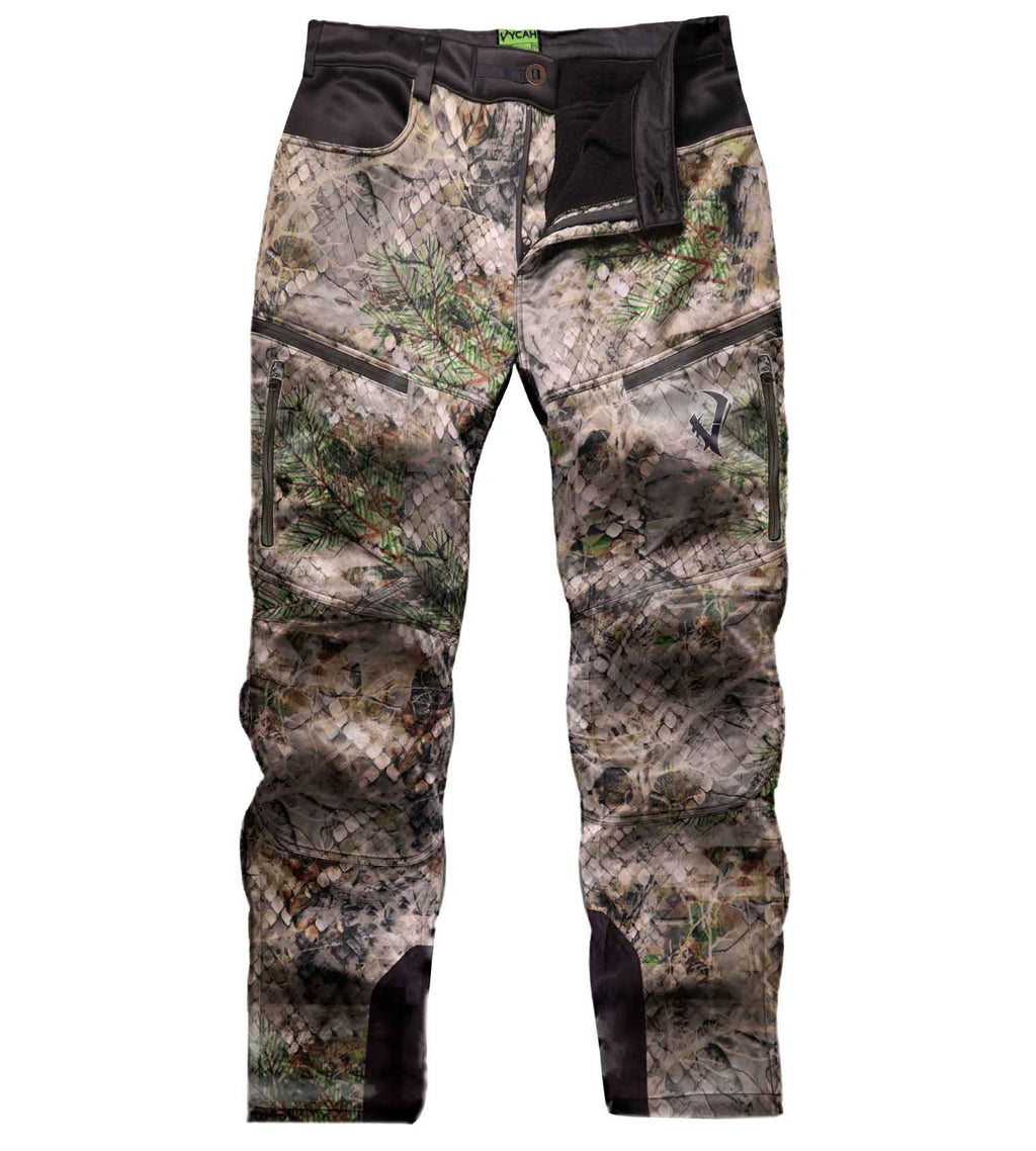 Vycah Kinsley Pant in Fall camo, front view with black waistband and double-zip front pockets